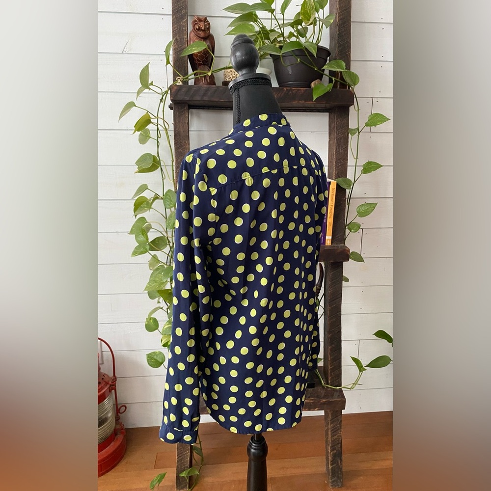 Gap: Blue Button Down Shirt with Green and White Polka Dots - Picture 5 of 17